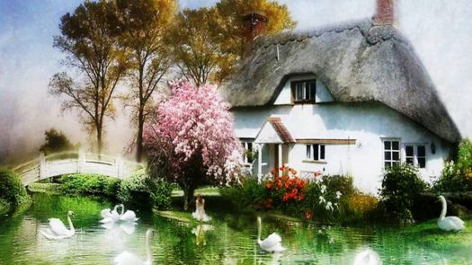 Solve English Cottage With Swans Swimming Jigsaw Puzzle Online With 84