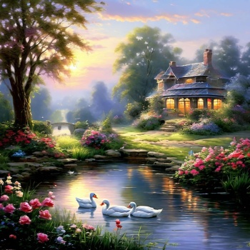 Solve Beautiful Cottage With Swan Pond Jigsaw Puzzle Online With