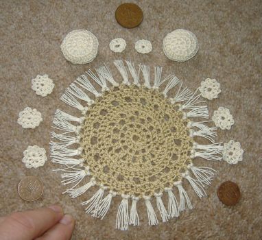 1/12th Scale Dolls House Crocheted Rug, Cushion, Place Mat & Coaster Set - Beige