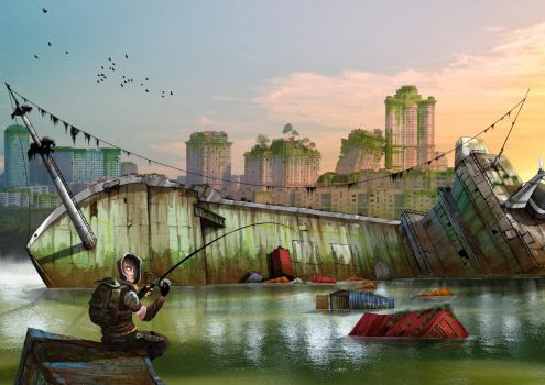 man_fishing_rod_river_boat_city_houses