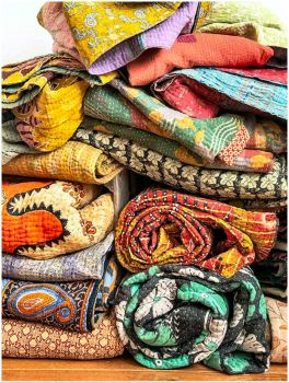 Vintage Indian Sari Fabrics in Kantha Style