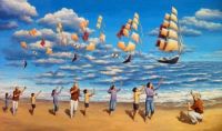 sea with kits and ships