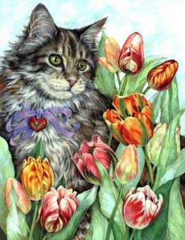 Cat and Tulips