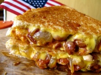 The Sloppy P - Chili Cheese Dog Grilled Cheese w/ Carmalized Onions on WonderBread