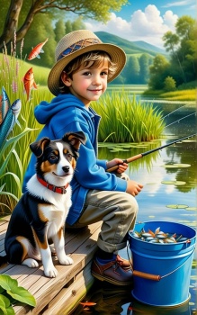 Solve puzzle - a boy going fishing jigsaw puzzle online with 54 pieces