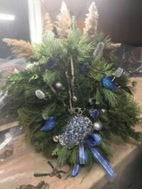 Joy with Sparkly Blue Birds Christmas Planter arrangement