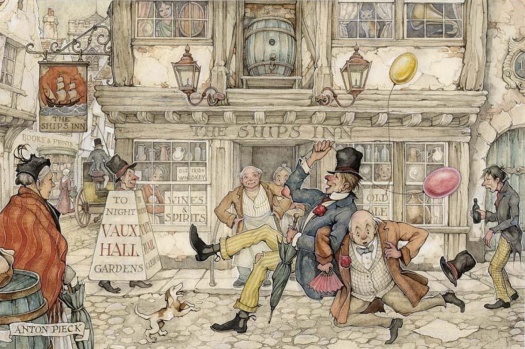 Solve A street scene at the Ships Inn by Anton Pieck jigsaw puzzle