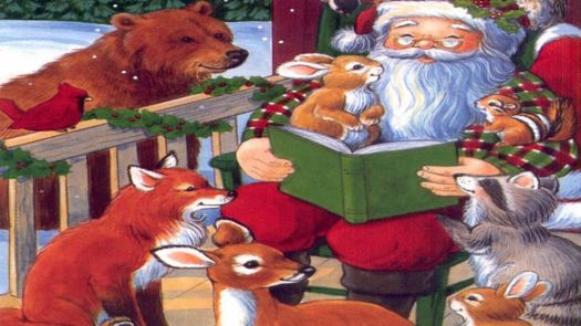 Santa reading a book to animals