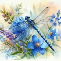 Dragonfly and Flowers in Blue