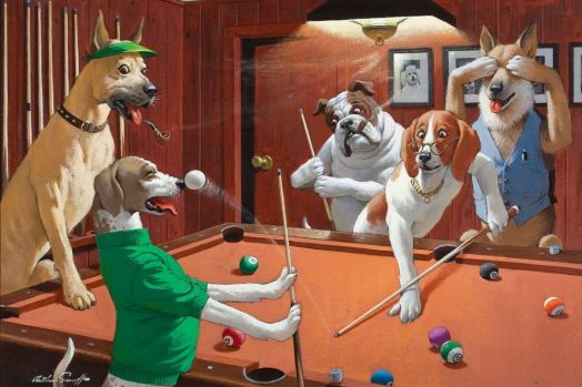 Solve dogs playing pool jigsaw puzzle online with 187 pieces