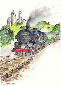 Steam train at Corfe Castle. Original watercolour painting