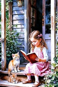 Girl reading to kittens