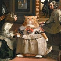 A few famous paintings with a fat cat added