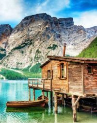 Fishing House at Lake Braies, a Lake in the Dolomites in South Tyrol, Italy...