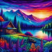 sunset at the cabin in the mountains