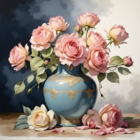 Watercolor Pink Roses in Porcelain Vase