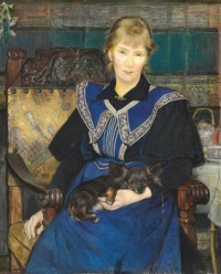 Bertha Wegmann (Danish, 1847–1926), Woman in a Blue Dress with a Small Dog in her Lap (1898)