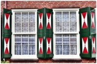 Decorative Window Shutters & White Lace Curtains