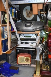 The entertaiment corner of the shed, featuring the 1962 Dansette radio.