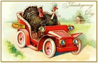 Theme 6 of 6 - Thanksgiving Vintage Art Card with Turkey Couple Driving Car