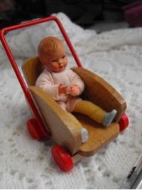 Doll House Doll Bendable Baby Boy In A Wooden Stroller