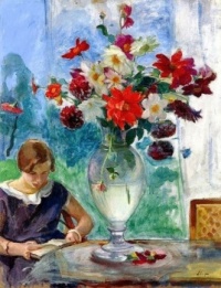 Henri Lebasque, Woman reading with flower bouquet in a glass vase.