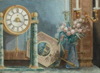 Still Life of Clock, Flowers, Fans and Sconce, Italian School, 19th Century