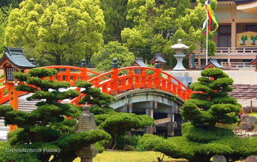 Japanese Garden with red bridge