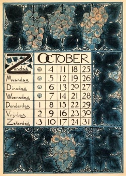 Solve Theodor Willem Nieuwenhuis (Dutch 1866-1951) - Art Nouveau Calendar  page for October, 1896. / This is surprisingly fun to work as a puzzle!  jigsaw puzzle online with 35 pieces