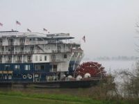 Mississippi River boat on a foggy morning landing