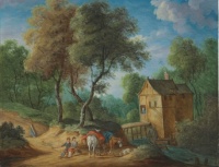 Andreas Martin - Peasants sitting by a roadside with a cottage beyond.