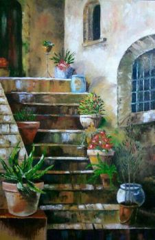 Tuscan Stairway - Oil on Canvas 24x36 - Knife - after David Jackson - AMZ 2010