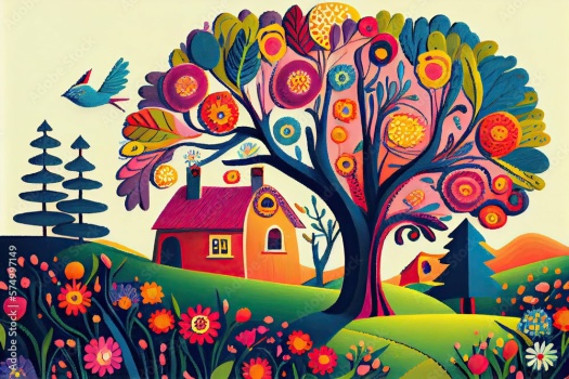 Solve colorful folk art painting jigsaw puzzle online with 54 pieces