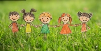 Five Colorful Cartoon Children Holding Hands