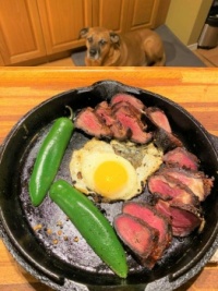 Dinner - Moose Heart with an egg and Serrano pepper