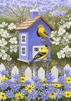 goldfinches-purple-birdhouse