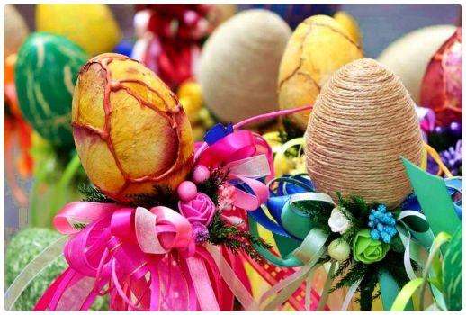 Highly Embellished Easter Eggs Displayed on Ribbon Festooned Sticks