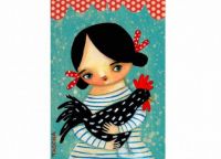 farm girl with spotted rooster by Tascha