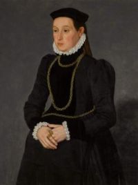 Portrait of a lady, possibly Margaretha Mertha, wife of Hendrik Pilgram, three-quarter length, wearing black with gold chains