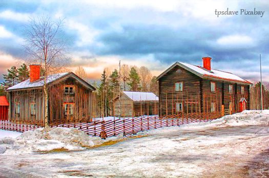 log cabins and snow  Sweden