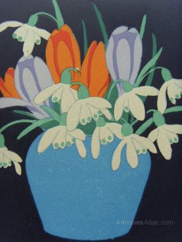 Snowdrops and Crocuses in a Blue Vase