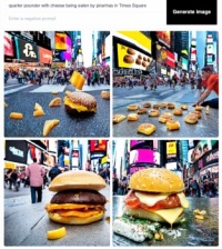 AI-generated images_9: Quarter pounder with cheese being eaten by piranhas in Times Square