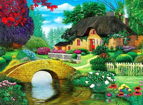 Solve Storybook Cottage with Stream and Fence jigsaw puzzle online with ...