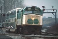 GO Transit F40PH 510 on the CN Kingston Subdivision in March 1981