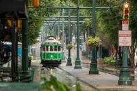 A rainy day in Memphis looking at the trolley line on Main Street.