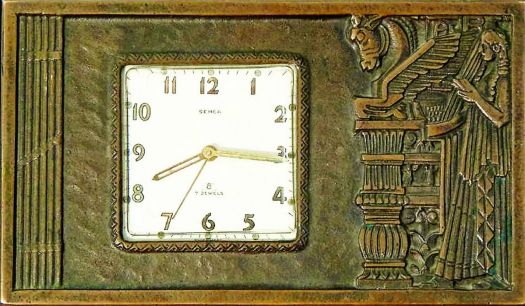 Rare & Important Art Deco Bronze Desk Clock with Assyrian Motif, Los Angeles