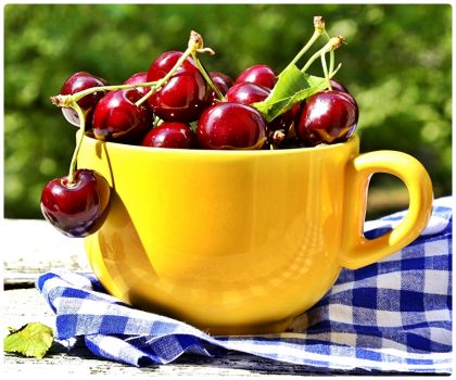 A Yellow Cup of Sweet Red Cherries