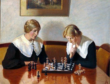 Michael Ancher (1849-1927) - Helga Ancher and Engel Saxild playing chess, 1905