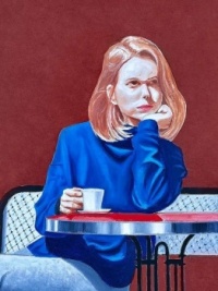 Jean-Jacques Venturini &ndash; Peinture _Femme en bleue &agrave; la terrasse d'un caf&eacute;