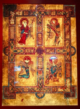 Trinity College Dublin, August 14, 2022, a large poster display of The Apostles page from the Book of Kells